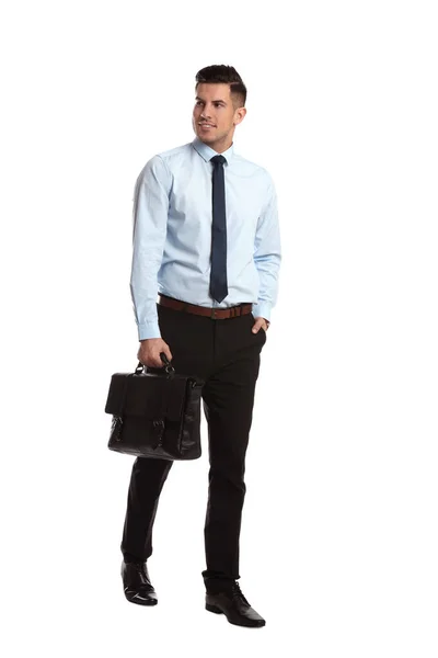 Geschäftsmann Mit Stilvoller Lederaktentasche Auf Weißem Hintergrund — Stockfoto