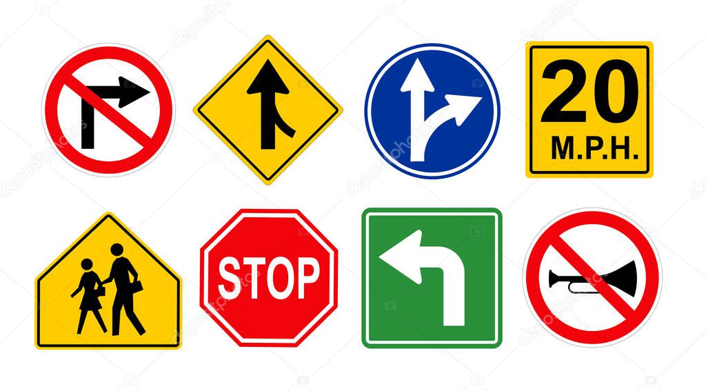 Set with different road signs on white background