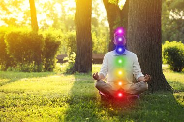 Güneşli yaz gününde parkta meditasyon yapan bir adam. Yedi çakranın şeması, illüstrasyon
