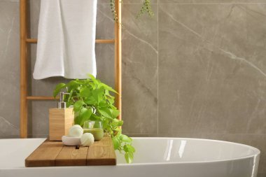 Bitkili beyaz küvet, sabun makinesi ve banyo bombaları, mesaj için yer. İç tasarım