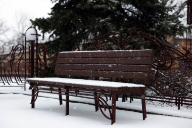 Şehir parkında karla kaplı bir bank.