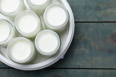 Mavi ahşap masasında dolu kavanozları olan modern yoğurt imalatçısı. Metin için boşluk