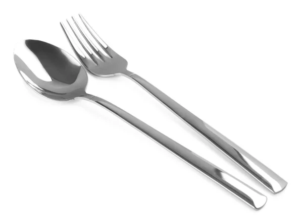 New Shiny Fork Spoon White Background — Stock Photo, Image