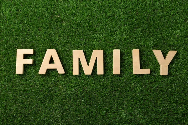 Parola Famiglia Fatta Con Lettere Legno Erba Verde Piatto Laici — Foto Stock