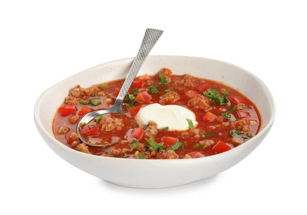 Tigela Deliciosa Sopa Pimenta Recheada Fundo Branco — Fotografia de Stock