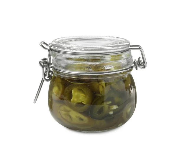 Ingelegde Groene Jalapeno Pepers Glazen Pot Geïsoleerd Wit — Stockfoto