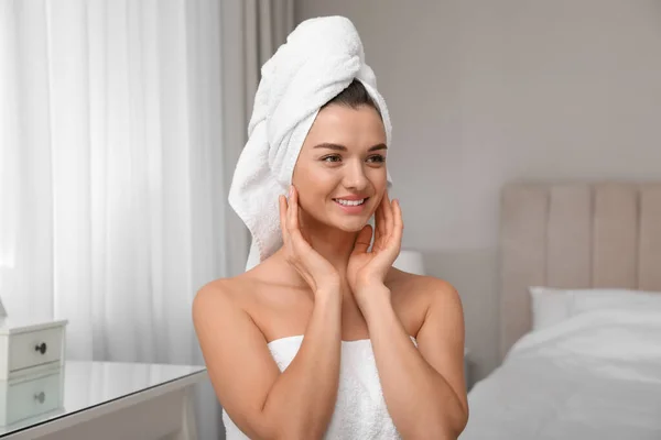 Beautiful Young Woman Hair Wrapped Towel Home — Stock Photo, Image