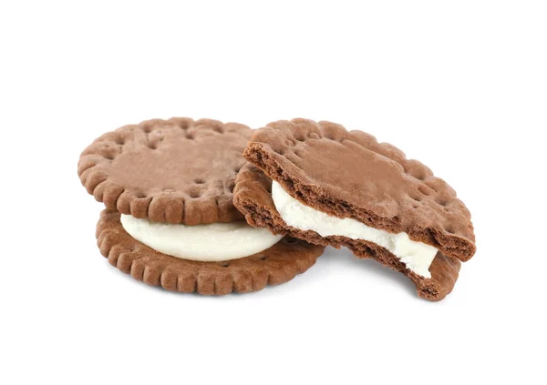 Νόστιμα Μπισκότα Σοκολάτας Κρέμα Γάλακτος Λευκό Φόντο — Φωτογραφία Αρχείου