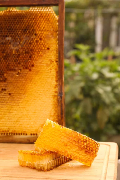 Färska Läckra Honeycombs Träbord Utomhus — Stockfoto