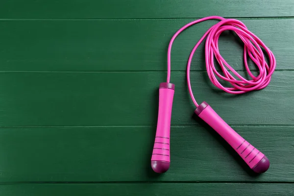 Skipping Rope Green Wooden Table Top View Space Text — Stock Photo, Image