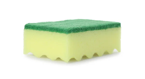 Gelber Reinigungsschwamm Mit Abrasivem Grünen Scheuermittel Isoliert Auf Weiß — Stockfoto
