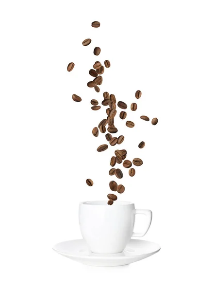 Aromatic Roasted Coffee Beans Falling Cup White Background — Stock Photo, Image