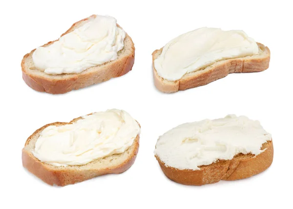 Geroosterd Brood Met Lekkere Roomkaas Witte Achtergrond Collage — Stockfoto