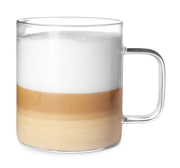 Copo Vidro Delicioso Latte Macchiato Isolado Branco — Fotografia de Stock