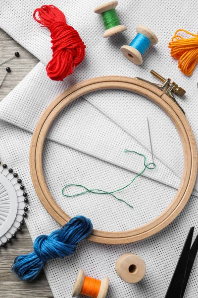 Embroidery Hoop Fabric Other Accessories Wooden Table Flat Lay — Stock Photo, Image