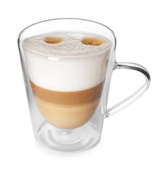 Copo Vidro Delicioso Latte Macchiato Isolado Branco — Fotografia de Stock