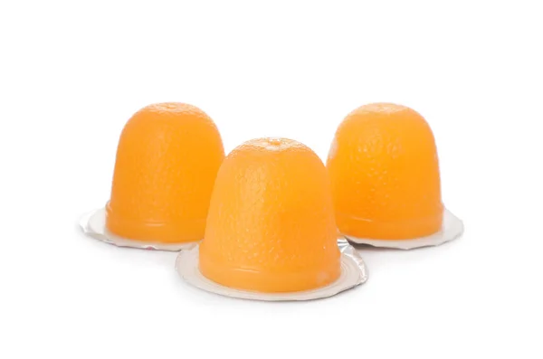 Deliciosas Tazas Gelatina Naranja Sobre Fondo Blanco —  Fotos de Stock