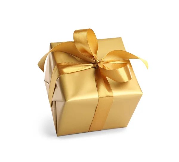 Gift Box Golden Ribbon Bow White Background — Stock Photo, Image