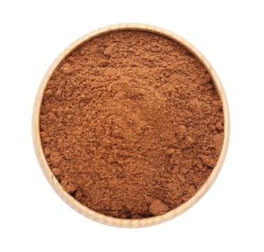 Beyaz arka planda hindistan cevizi tozu olan kase, üst görünüm