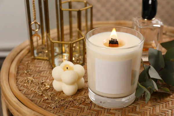 Burning Soy Candle Perfume Stylish Accessories Wicker Table Indoors — Stock Photo, Image