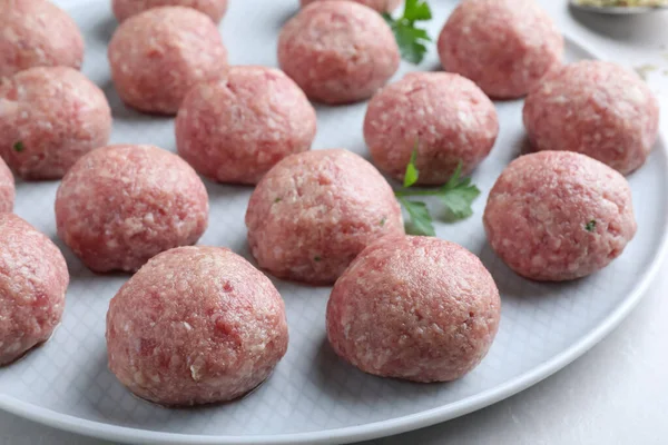 Many Fresh Raw Meatballs Light Table Closeup — Stock Photo, Image