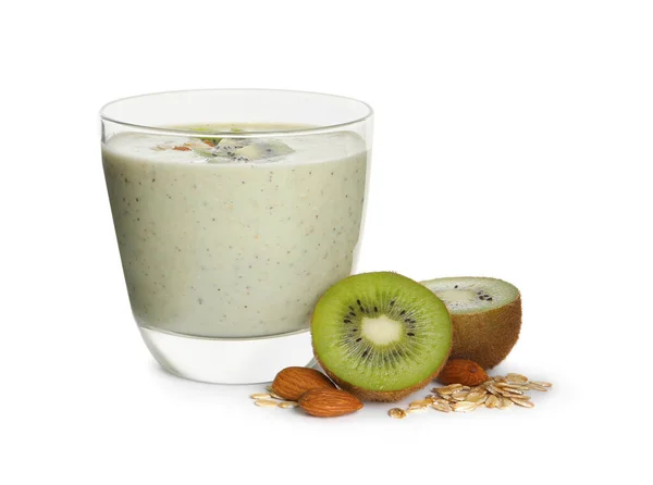 Glas Lekkere Kiwi Smoothie Met Havermout Witte Achtergrond — Stockfoto