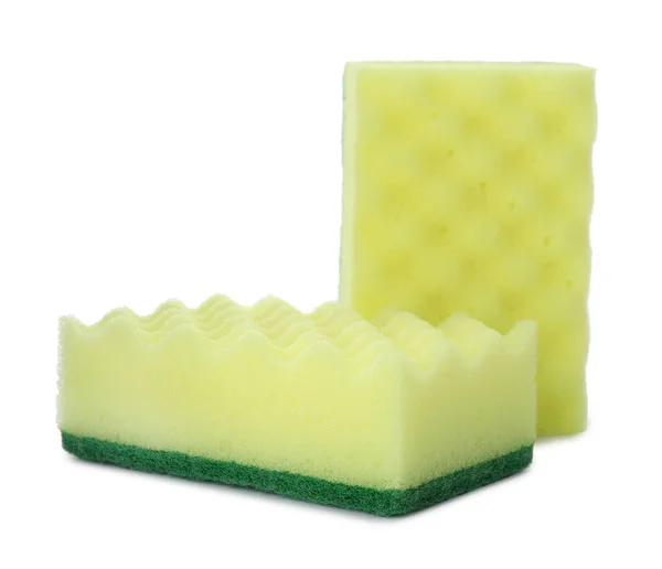 Esponja Limpeza Amarela Com Scourers Verde Abrasivo Fundo Branco — Fotografia de Stock