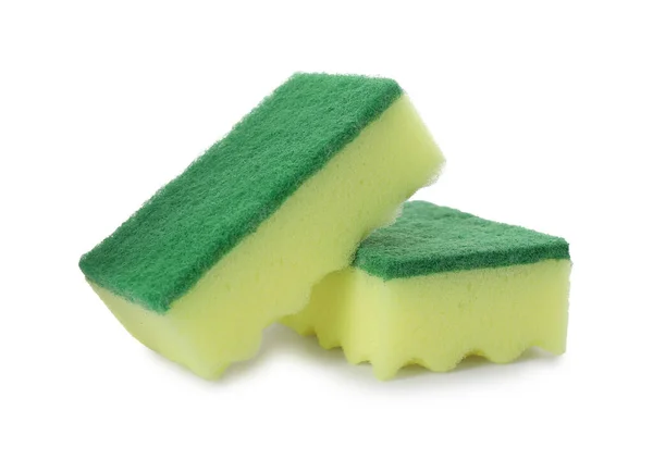 Yellow Cleaning Sponge Abrasive Green Scourers White Background — 스톡 사진