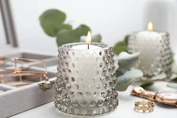 Burning Candle Jewelry Box Beautiful Bijouterie White Wooden Table Closeup — Stock Photo, Image