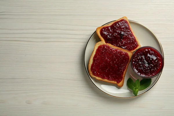 Delicious Toasts Served Jam Mint White Wooden Table Top View — Stock Photo, Image