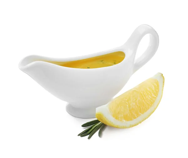 Keramik Sauce Boot Mit Zitronensalat Dressing Und Zutaten Auf Weißem — Stockfoto