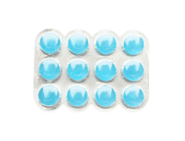 Blister Com Gotas Tosse Azul Isoladas Branco Vista Superior — Fotografia de Stock