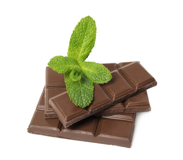 Savoureux Morceaux Chocolat Lait Menthe Sur Fond Blanc — Photo