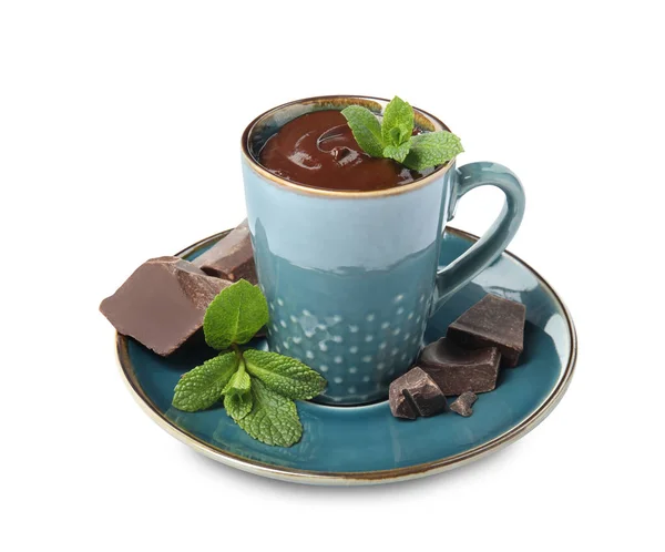 Tasse Leckere Heiße Schokolade Mit Brocken Und Frischer Minze Auf — Stockfoto