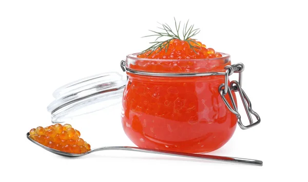 Köstlicher Roter Kaviar Und Dill Auf Weißem Hintergrund — Stockfoto