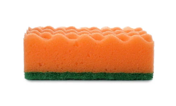 Esponja Limpieza Naranja Con Scourer Verde Abrasivo Aislado Blanco — Foto de Stock