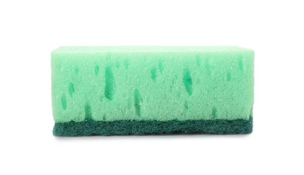 Esponja Limpeza Verde Com Scourer Abrasivo Isolado Branco — Fotografia de Stock