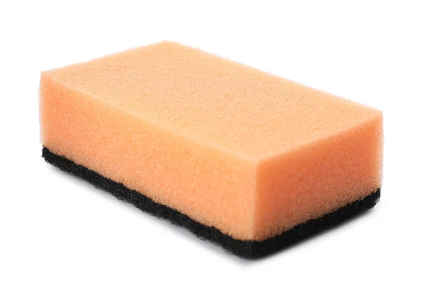 Orange Reinigungsschwamm Mit Abrasivem Schwarzen Scheuermittel Isoliert Auf Weiß — Stockfoto