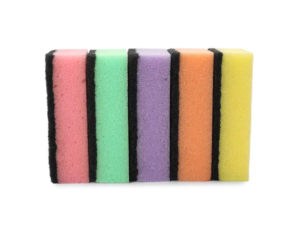 Esponjas Limpeza Brilhantes Com Scourers Abrasivos Fundo Branco — Fotografia de Stock