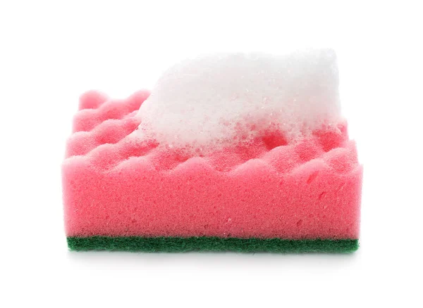Rózsaszín Tisztító Szivacs Hab Fehér Háttér — Stock Fotó