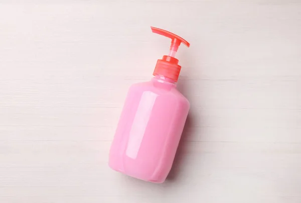 Dispenser Liquid Soap White Wooden Table Top View — Stock Photo, Image