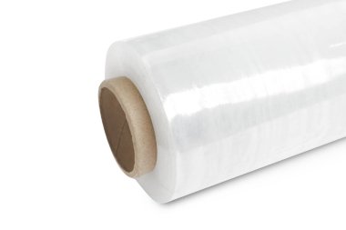 Plastik streç film rulosu beyaz üzerine izole, yakın çekim
