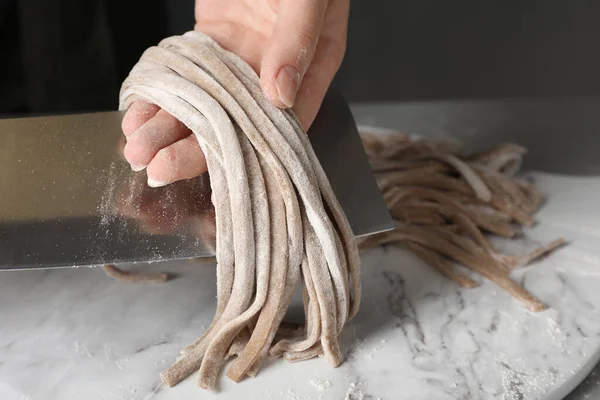 Woman Making Soba Buckwheat Noodles White Marble Table Closeup — Stock Photo, Image