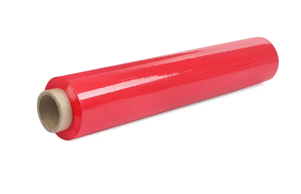 Roll Piros Műanyag Fólia Fólia Fólia Elszigetelt Fehér — Stock Fotó