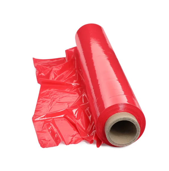 Roll of red plastic stretch wrap film isolated on white