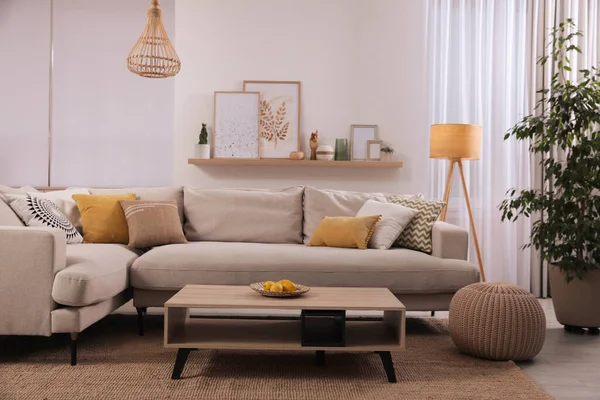 Stylish Living Room Interior Comfortable Grey Sofa Coffee Table — Stock Photo, Image