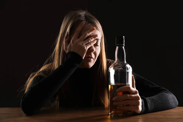 Alcohol Addiction Woman Bottle Whiskey Wooden Table — Stock Photo, Image