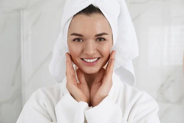 Beautiful Young Woman Hair Wrapped Towel Indoors — Stock Photo, Image