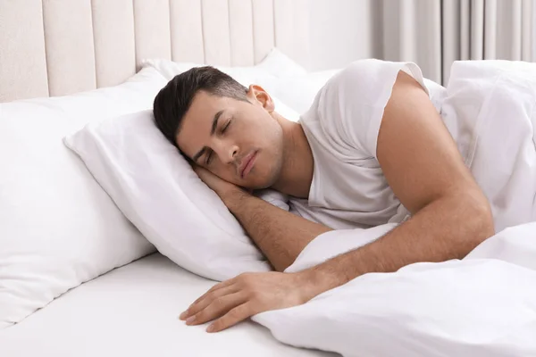 Handsome Man Sleeping Bed Home — Stock Photo, Image