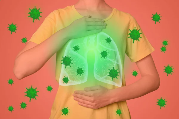 Mujer Cogida Mano Cerca Del Pecho Con Ilustración Los Pulmones —  Fotos de Stock